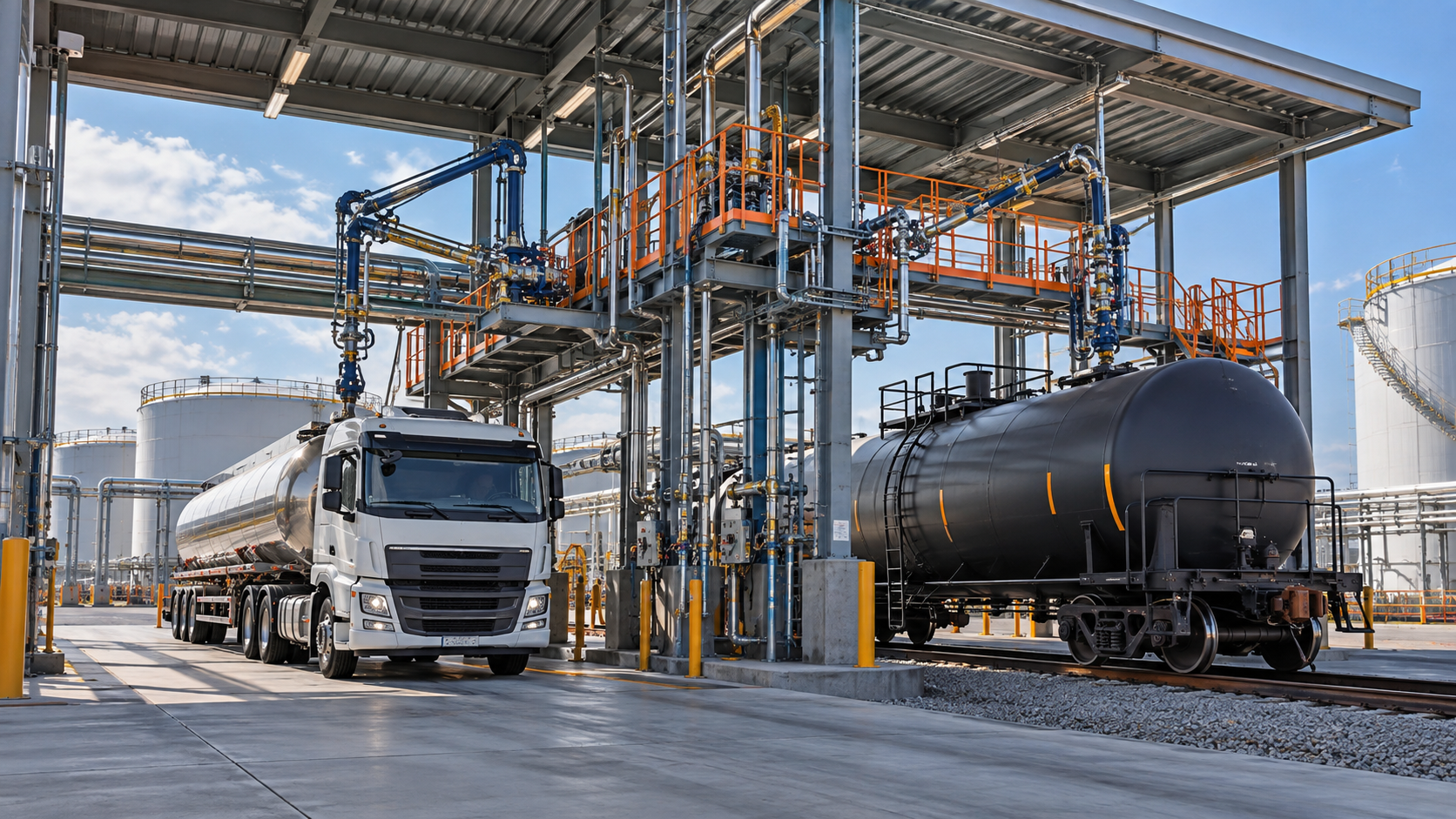 Truck and rail tank car loading and offloading terminal