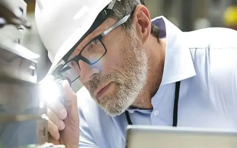 Inspector checking equipment and recording inspection results