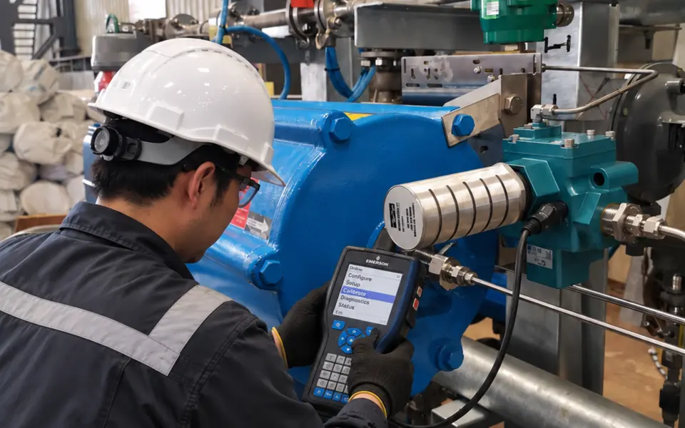 Engineer using a handheld communicator to commission a valve positioner