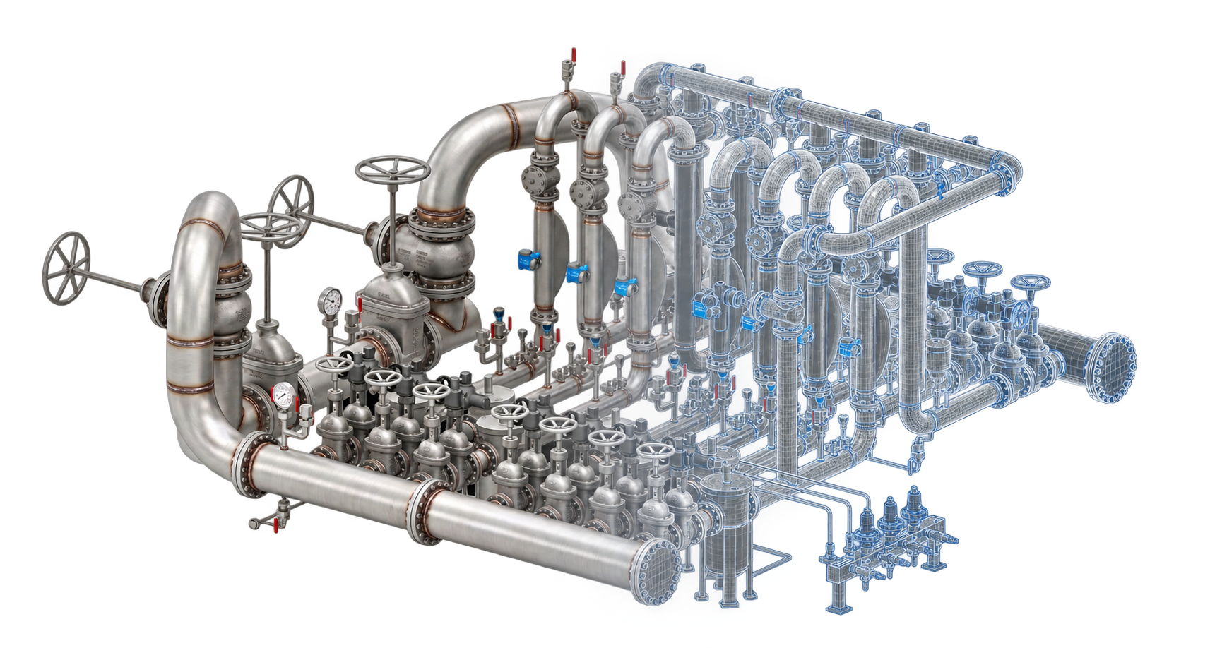 Metering skid transitioning from physical equipment to engineering wireframe