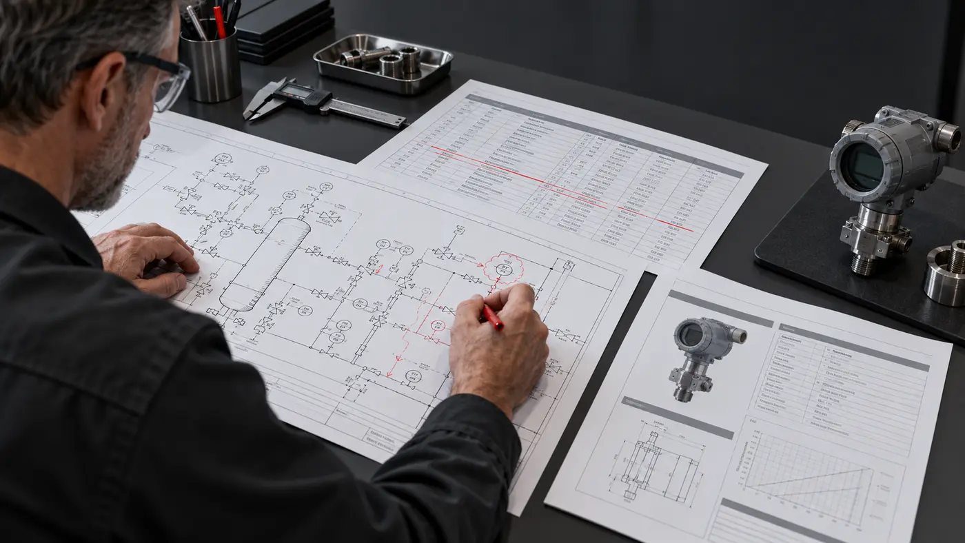 Engineer reviewing a marked-up P&ID and instrument datasheet