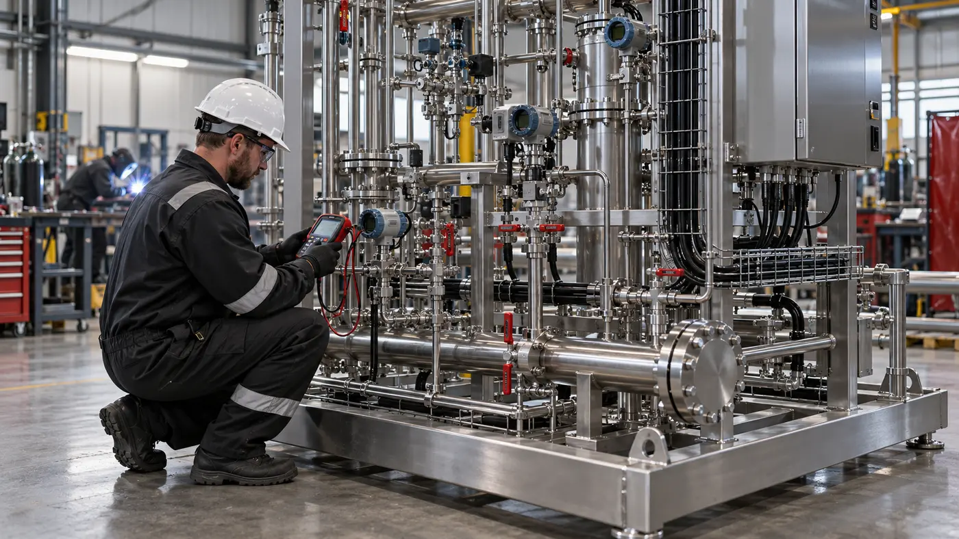 Technician performing calibration and factory acceptance checks on an instrument skid
