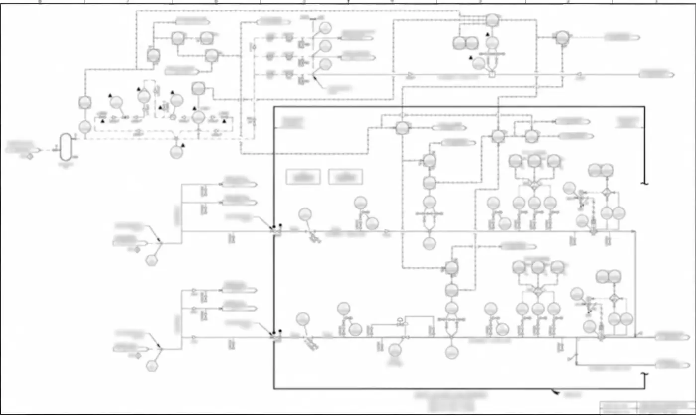 Privacy-blurred piping and instrumentation diagram