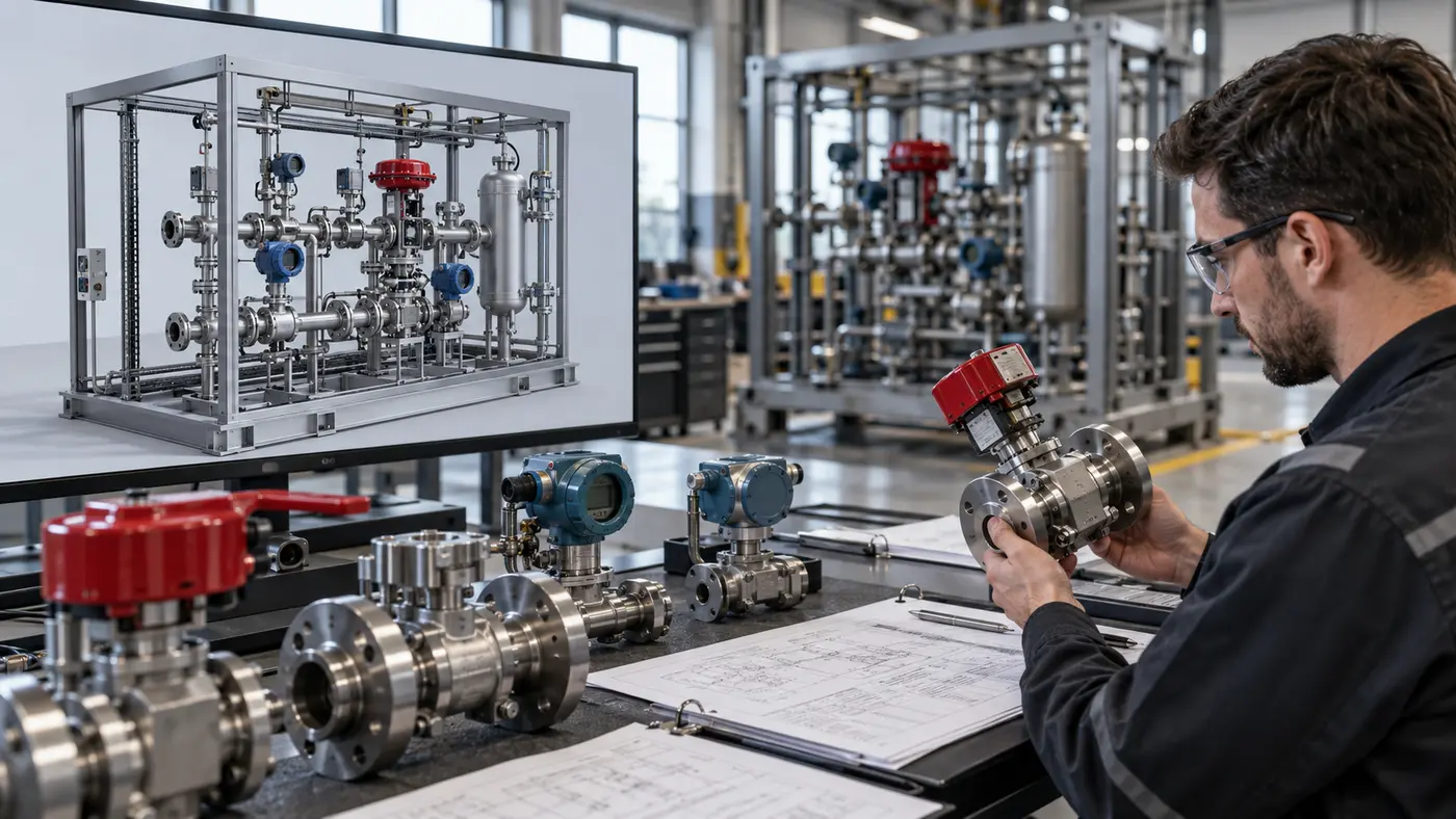 Engineer checking valves and instruments against a 3D instrument skid model